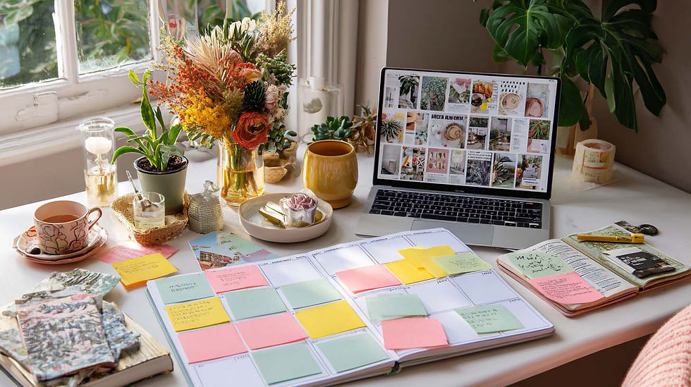 A desk with a laptop displaying nature photos, an open planner with colorful sticky notes, flowers, plants, and a patterned teacup, creating a cozy vibe.