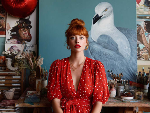 Woman in a red polka-dot dress sits in an artist's studio, surrounded by brushes and paintings, with a large seagull mural behind her.
