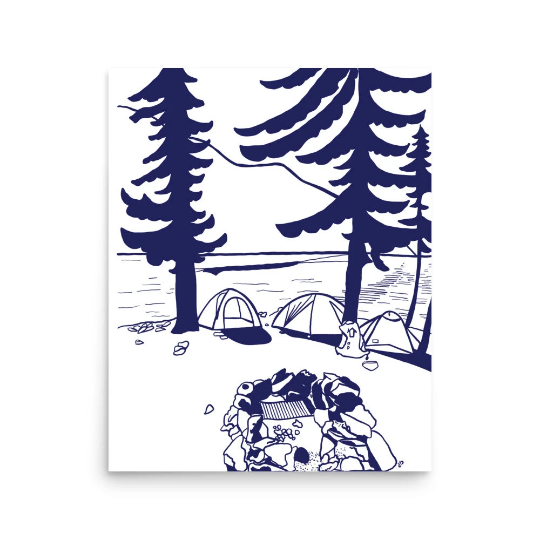 Drawing of tents on the shore at the lake. Illustration by Blume Bauer.