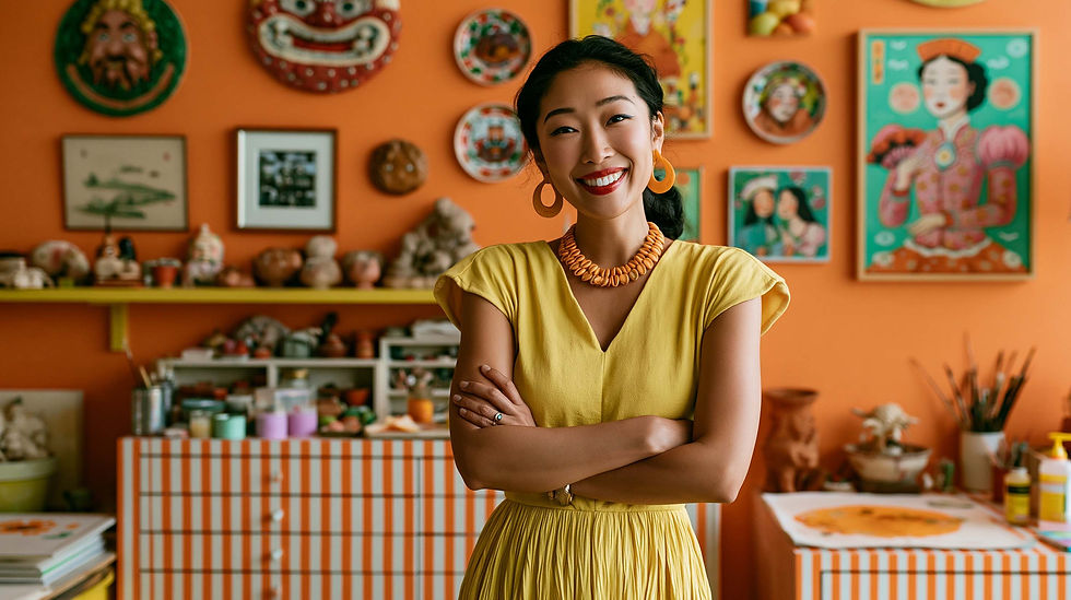 Smiling woman artist in a yellow dress stands in an orange art studio with colorful wall art and striped tables behind her