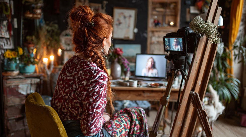 Woman artist with red hair in patterned sweater faces a camera on a tripod in a cozy, art-filled room, filming herself for online classes. Lit candles and plants are visible.