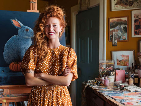 Artist in a patterned dress smiles before a painting of a blue rabbit on a pumpkin. Art supplies, colorful art, and a yellow wall are visible.