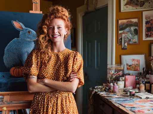 Artist in a patterned dress smiles before a painting of a blue rabbit on a pumpkin. Art supplies, colorful art, and a yellow wall are visible.