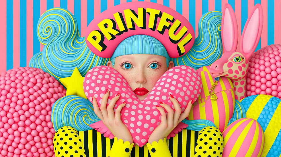 Surreal colorful portrait of a woman holding a pink polka-dot heart, with PRINTFUL text, pastel swirls, bunny, and striped eggs.