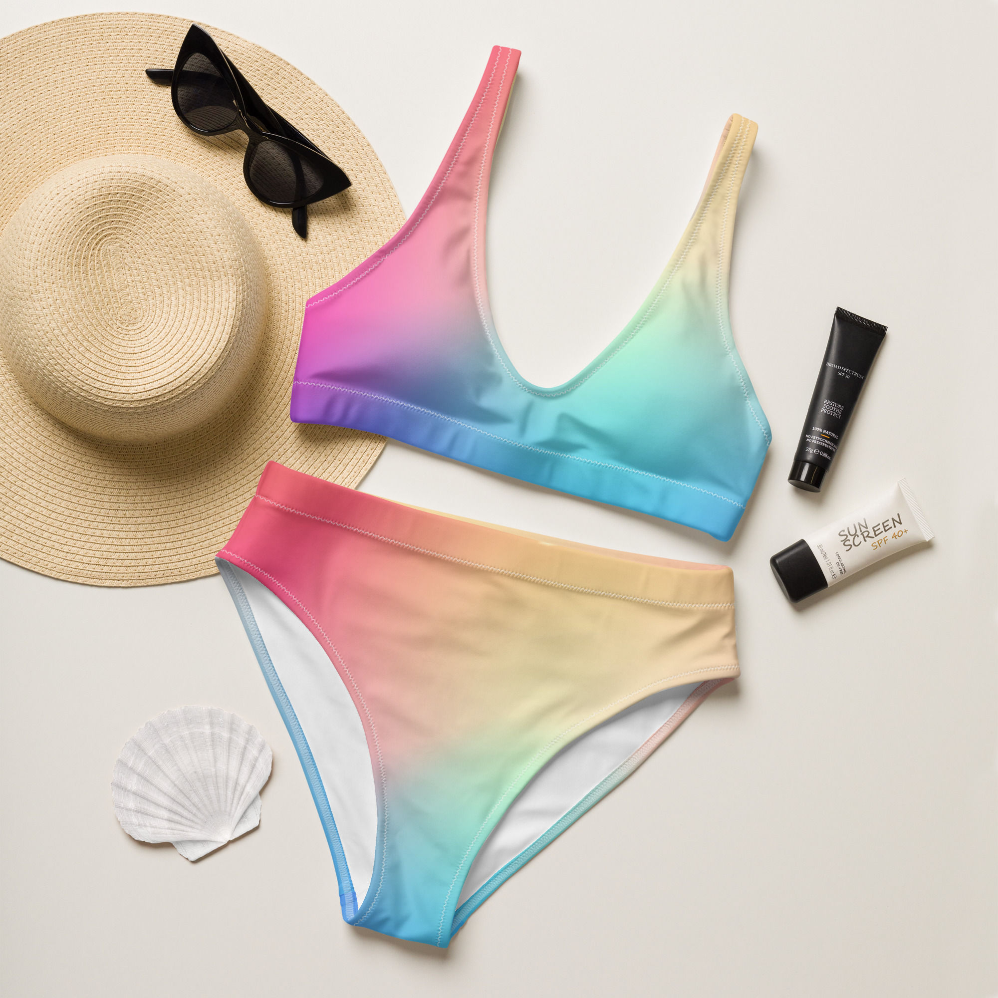 Capricious Recycled High Waisted Bikini flat lay beach