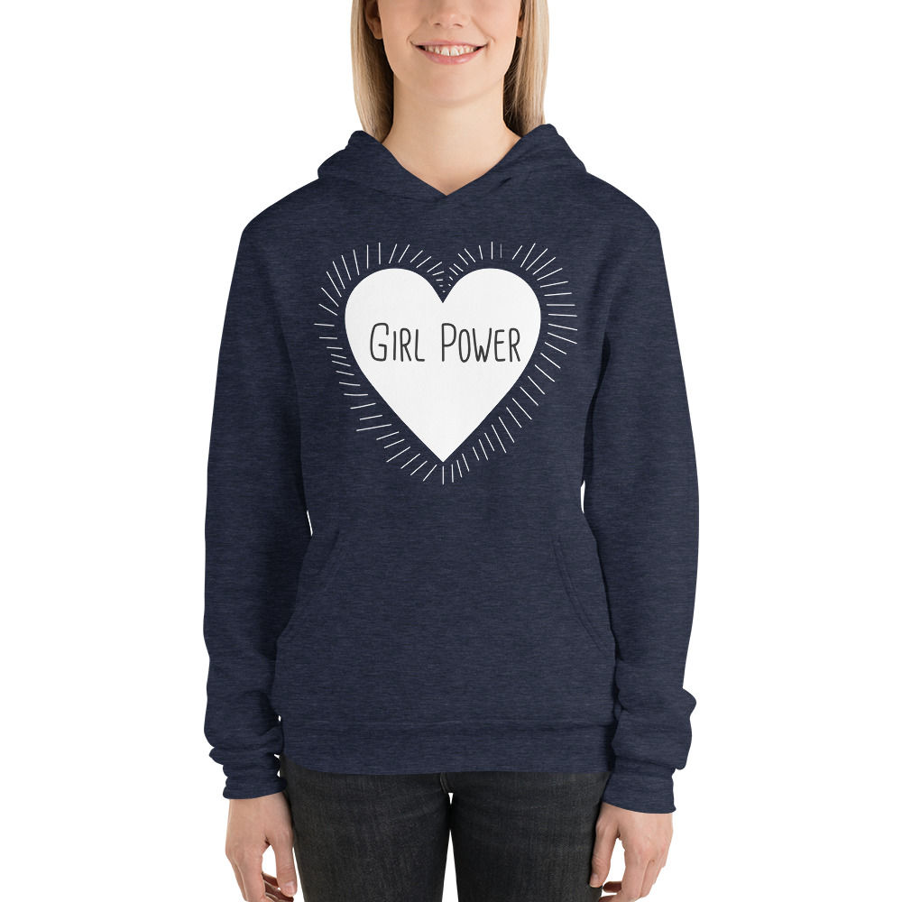 Girl Power Unisex Hoodie model wearing heather navy blue
