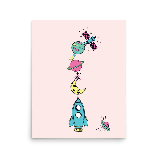 Whimsical stack of space things - rocket ship, moon, stars, planets, a satelite, and a UFO. Illustra