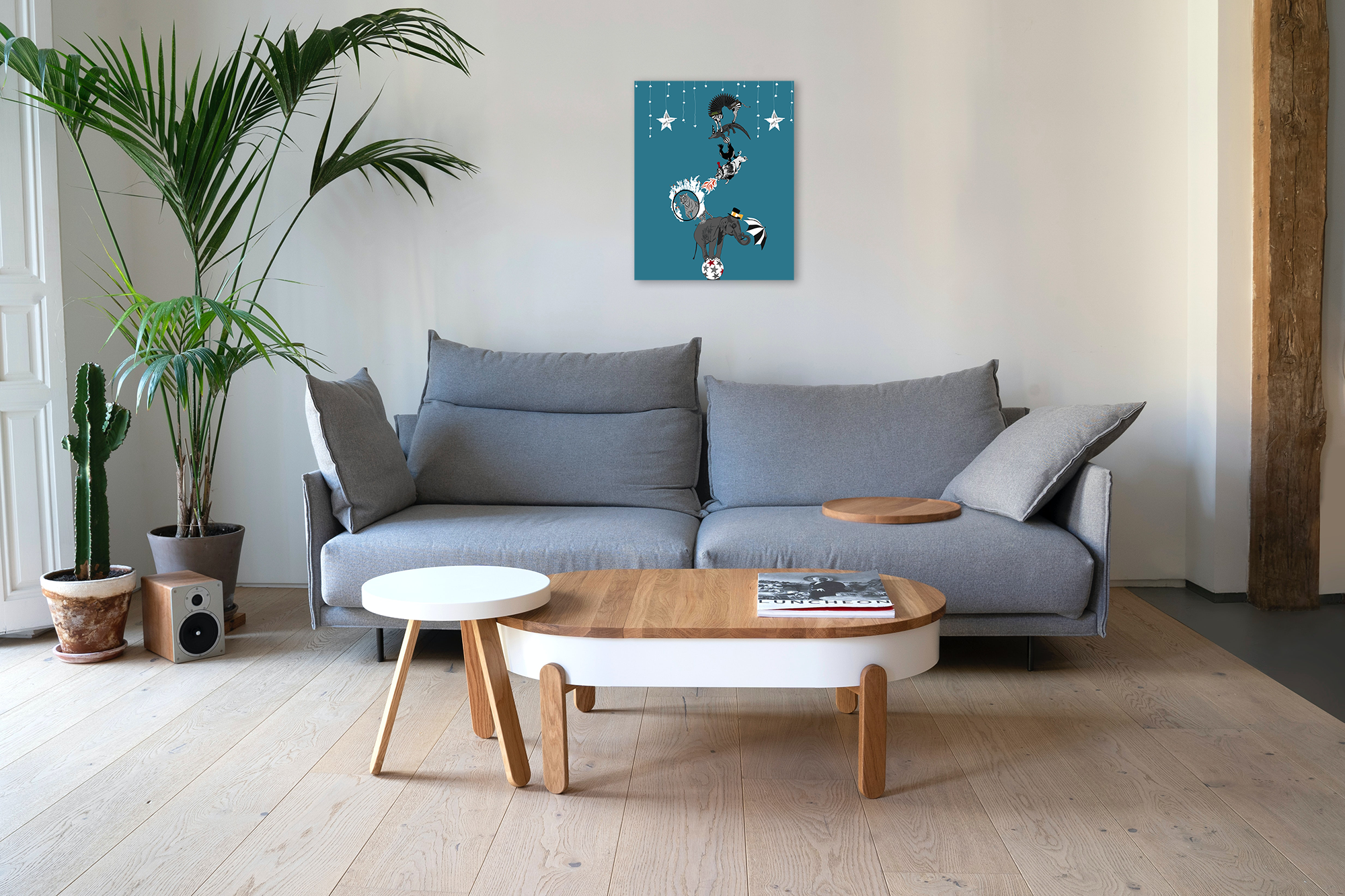 Circus Stack Art Print gray sofa