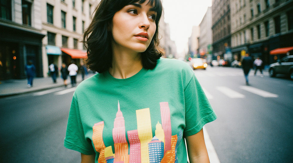 Woman in a green print-on-demand t-shirt with colorful New York Skyline in Y2K style illustration, she stands on a city street. Blurred buildings and taxis in the background. Design by Blume Bauer at The Yellow Studio.