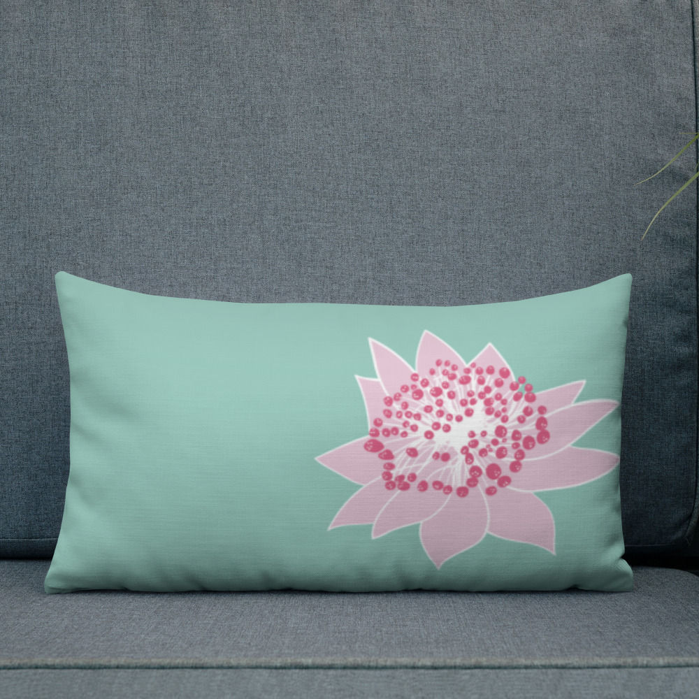 Nature inspired blue throw pillow with pink anstrantia flower
