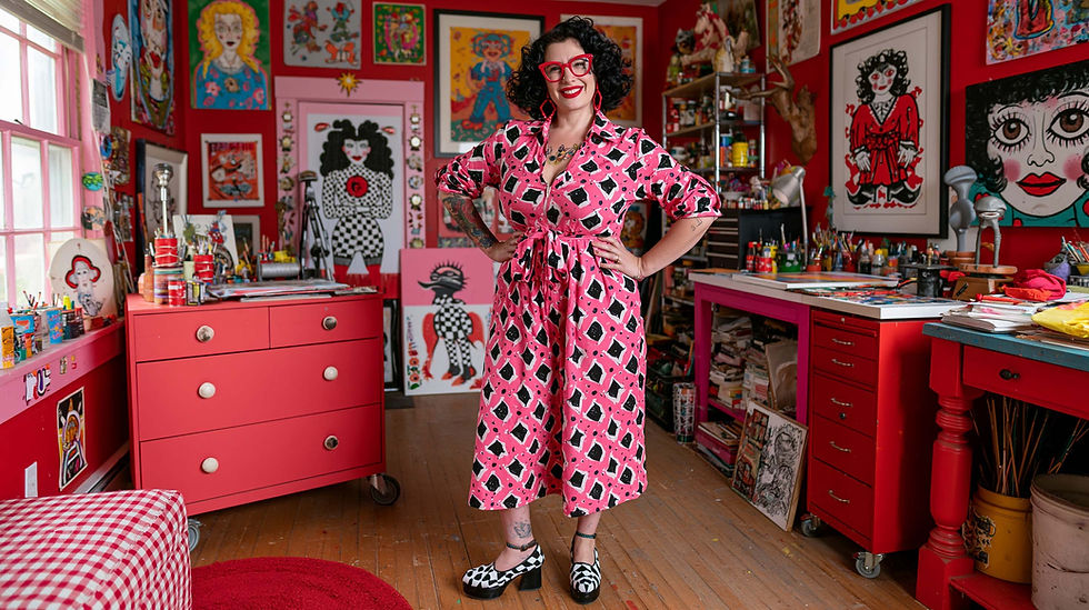 Smiling 50-year old woman artist in pink patterned jumpsuit stands in a colorful art studio with bold red walls and framed paintings.