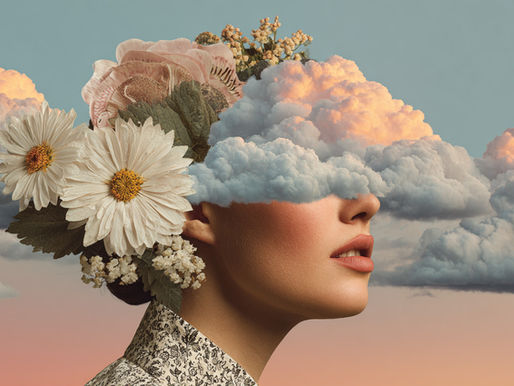 Surreal image of a woman's profile with flowers in her hair and clouds covering her eyes, against a pastel twilight sky. Collage art by Blume Bauer at The Yellow Studio.
