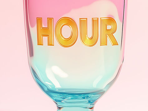 Glass cup with pink and turquoise hues, labeled "HOUR" in gold text, on a soft pink background. AI art by Blume Bauer at The Yellow Studio.