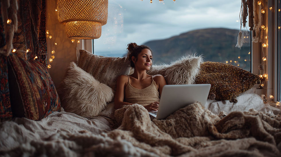 Cozy scene with woman in knitted top using laptop on bed. Surrounded by pillows and fairy lights. Large window view of cloudy hills. She's working from her laptop and her home office is in her bedroom, in bed.