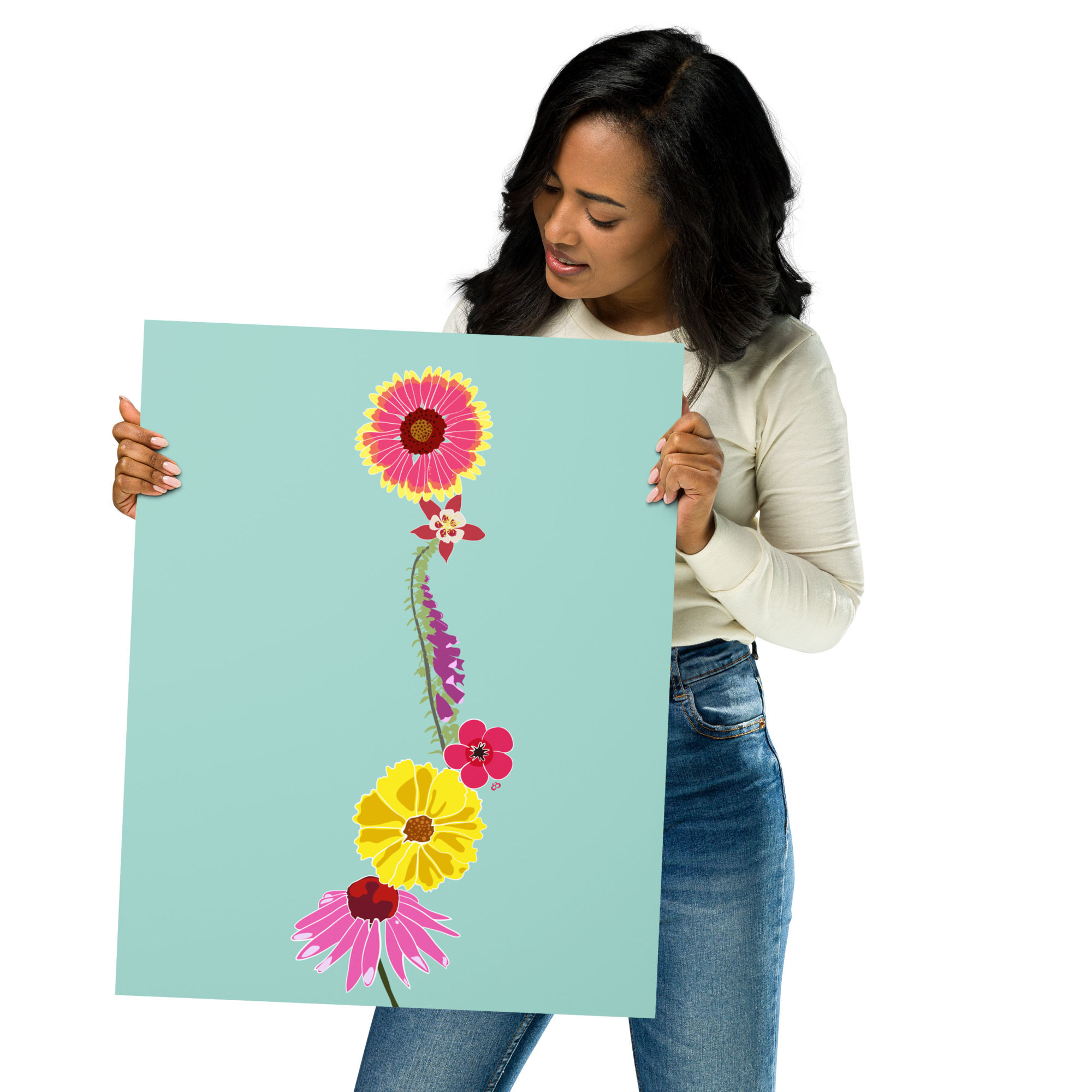 Model holding Oregon Wildflower Stack Art Print, large 16 by 20 inch print
