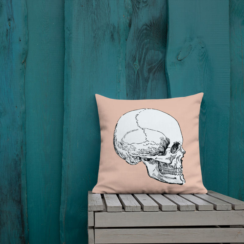 Skullington Throw Pillow on Pallet