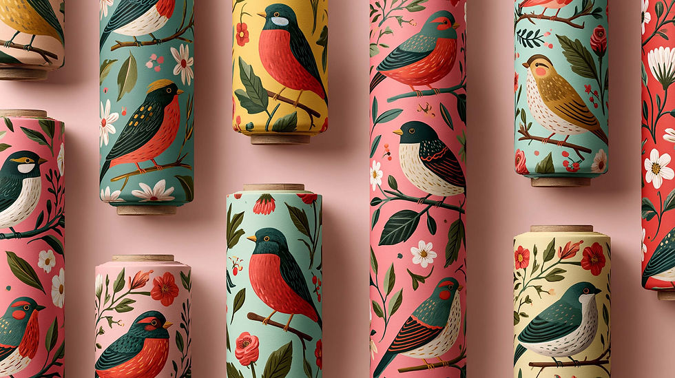 Colorful rolled wallpaper cylinders with licensed art with bird-and-flower patterns on a pink background, arranged in a decorative display.