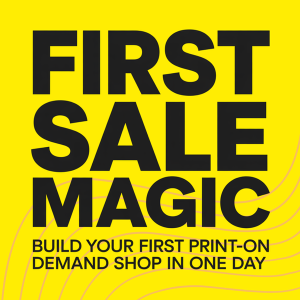 a lemon and floral illustration with the words print-on-demand, AI, and social media behind it. Graphic for "Sell Your First Piece of Art Online with Print-on-Demand (Self-Lead Course)" for The Yellow Studio.