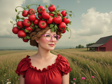Blume Bauer in a red dress and pink glasses, wearing a tomato headpiece, stands in a field near a red barn at The Yellow Studio. The sky is cloudy, creating a whimsical mood.