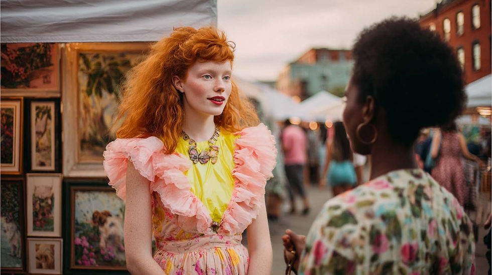 Two women converse at an outdoor market. One wears a colorful, ruffled dress, the other a floral top. Paintings and tents in the background.