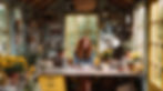 Red-haired woman artist sits at a wooden desk with a laptop, surrounded by potted yellow flowers. Cozy, art-filled studio with yellow-framed windows. She's working from her home office in her she-shed.