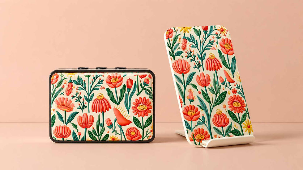 Two floral-patterned print-on-demand products - one is a bluetooth speaker and the other is a cordless power bank - on a blush background, one lying flat and one standing on a white stand.