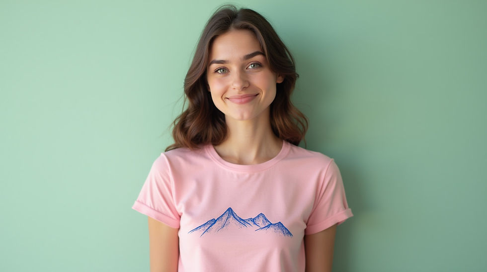 Smiling woman in a pink print-on-demand t-shirt with mountain design stands against a light green background at The Yellow Studio.