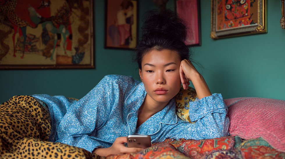 Woman in blue pajamas lies on a colorful bed, holding a phone, looking pensive. Green wall with artistic framed paintings in background. The woman is scrolling her phone at 3am, nervous about making money as an artist.