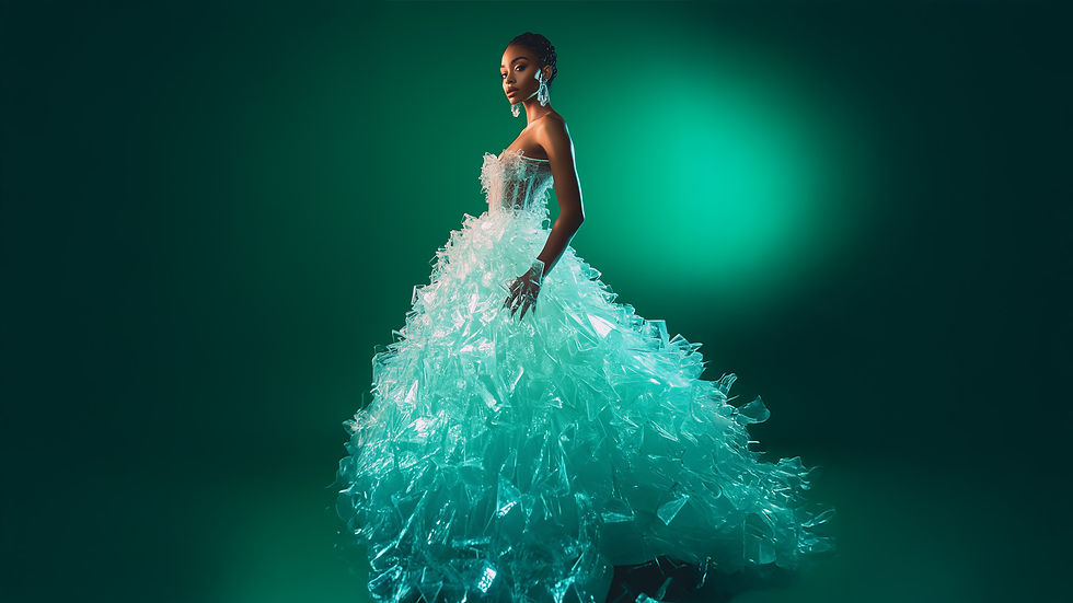 Woman in a voluminous, translucent gown stands poised against a green backdrop. The dress reflects light, creating a shimmering effect. AI art by Blume Bauer at The Yellow Studio.