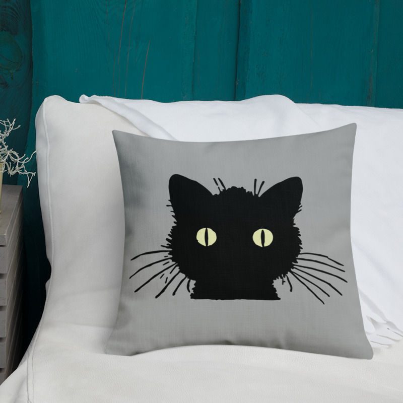 Fraidy Cat Throw Pillow on Bed
