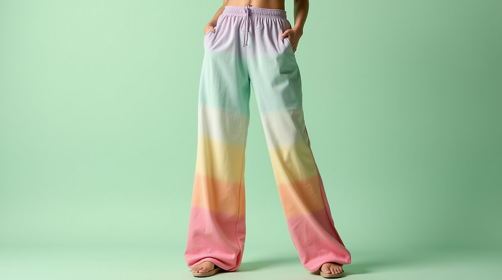 A woman wearing print-on-demand pastel rainbow wide-leg joggers by Printful in shades of pink, orange, yellow, and green stands on a matching mint background.