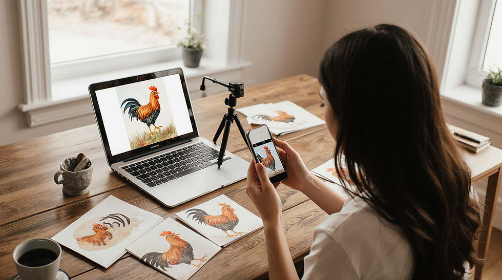 Woman photographing rooster sketches on phone beside laptop displaying same image. Wooden desk, tripod, coffee, bright room.
