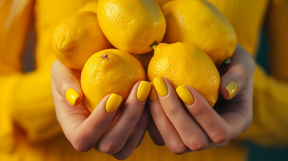 Hands with yellow nail polish hold several bright yellow lemons. Background and clothing are also yellow, creating a vibrant, harmonious scene.