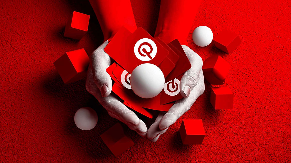 White hands hold red cards with white Pinterest logos and a white sphere on a red textured background with scattered red cubes.