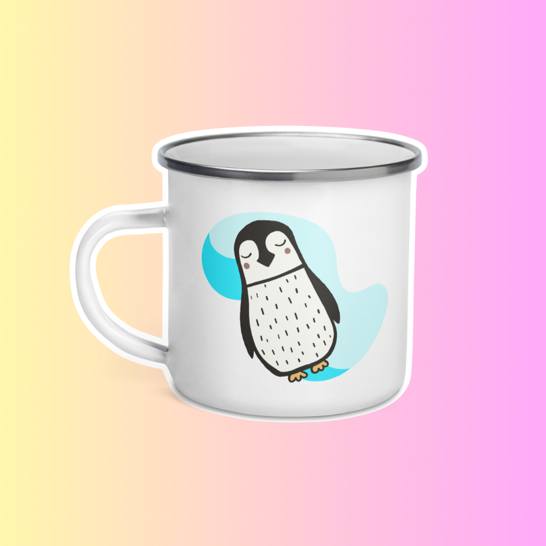Cute illustration of Penelope the Penguin on an Enamel Mug