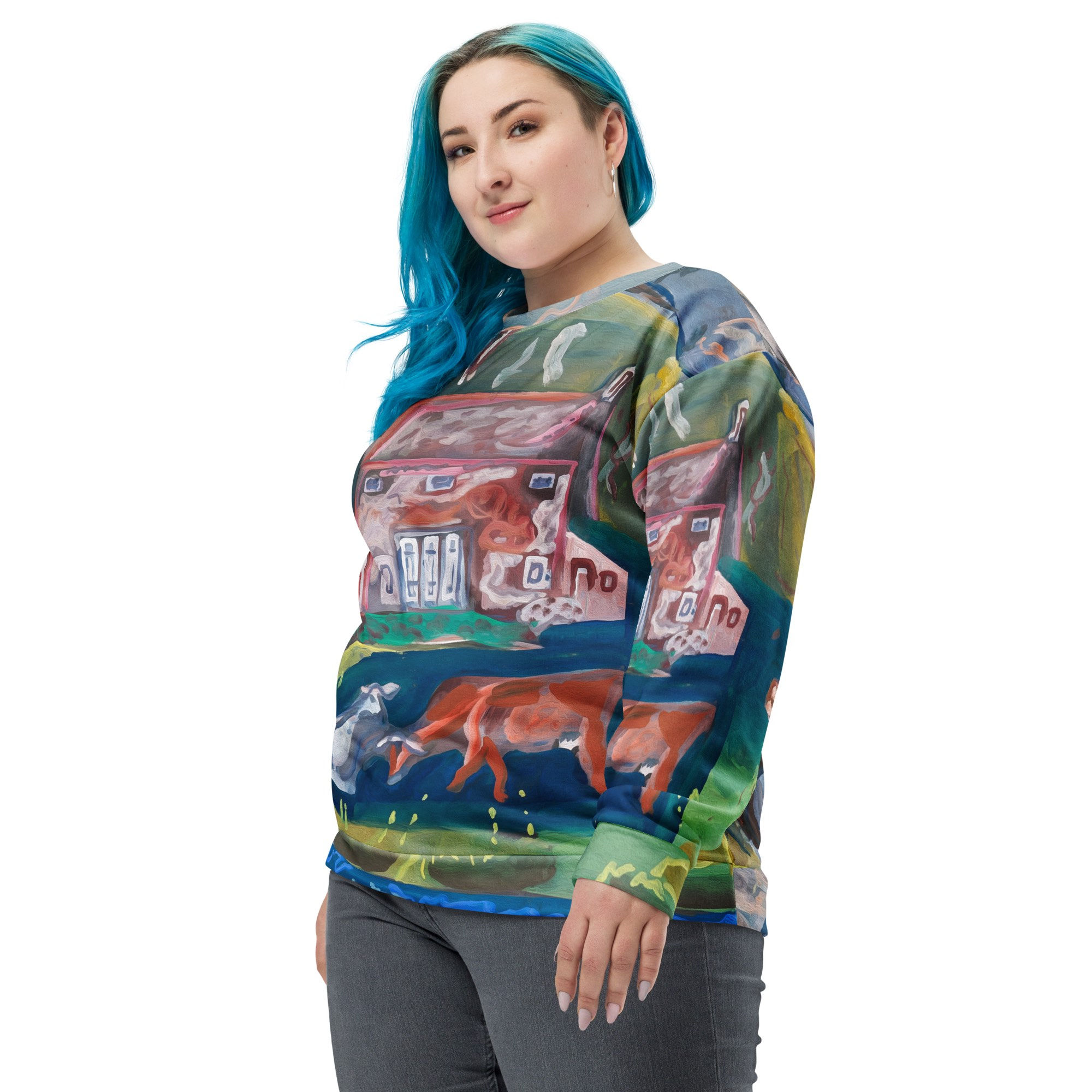 Green, blue, yellow, and red Happy Cows Unisex Recycled Sweatshirt