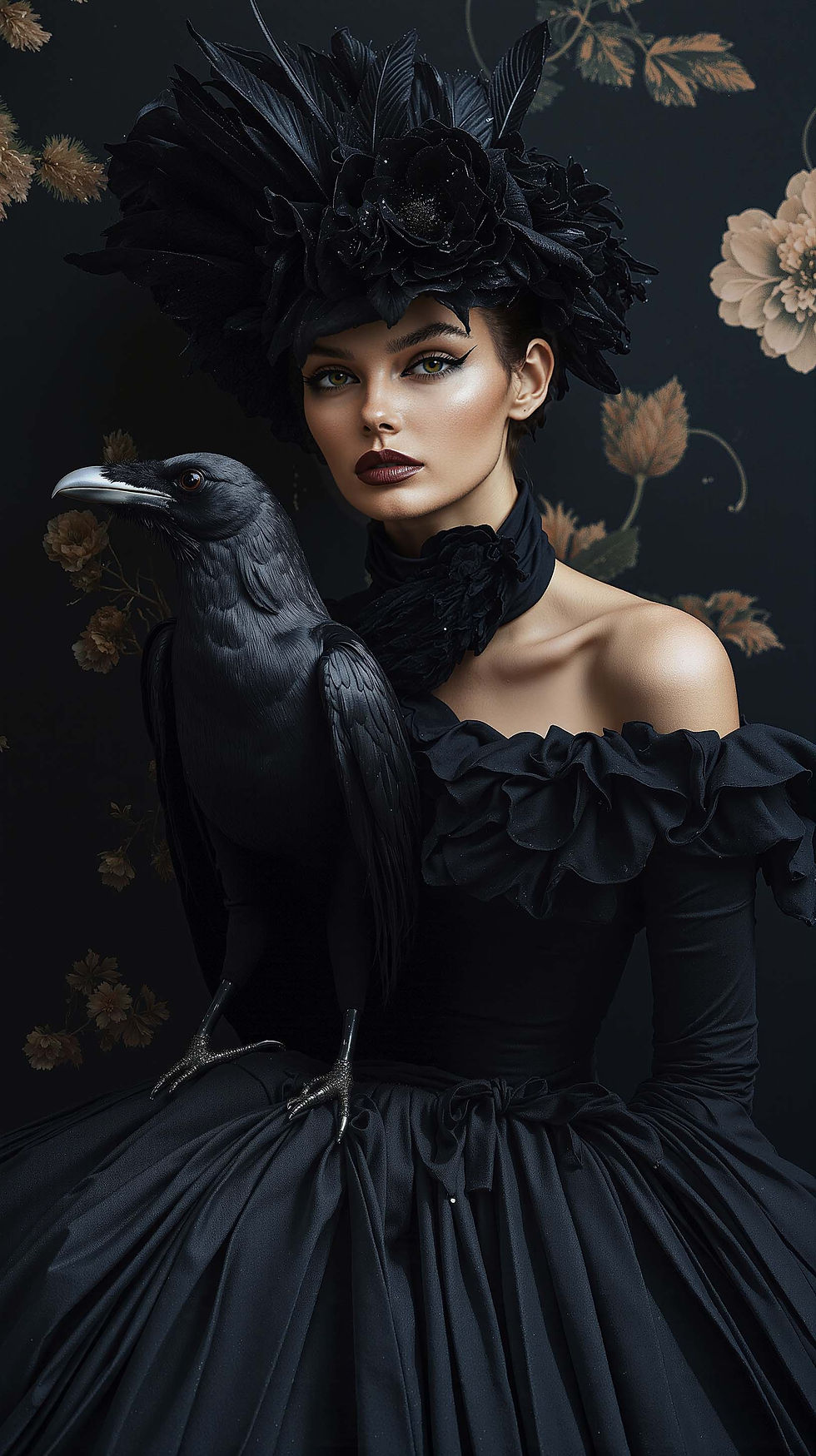 Woman in black dress and feathered hat with a raven perched on her arm. Dark floral background; elegant, mysterious ambiance. AI Art Fashion by Blume Bauer at The Yellow Studio.