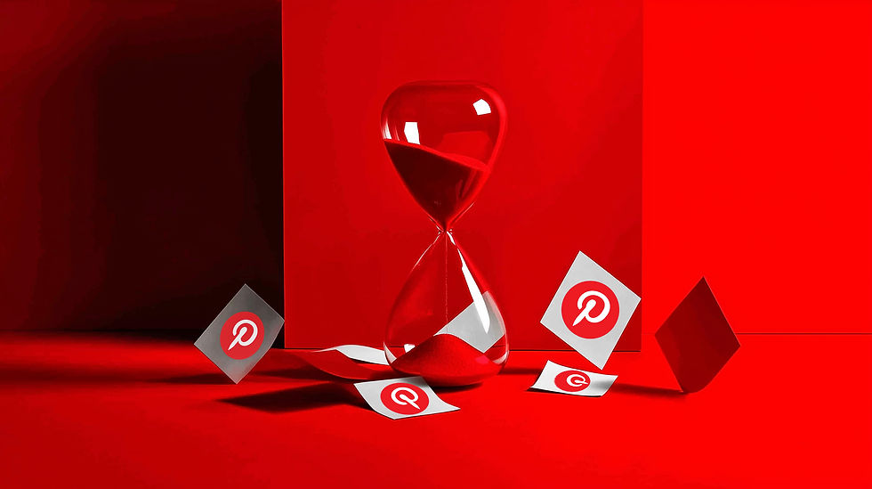 Red hourglass in a red room with falling Pinterest logos on scattered cards, creating a dynamic and vibrant scene.