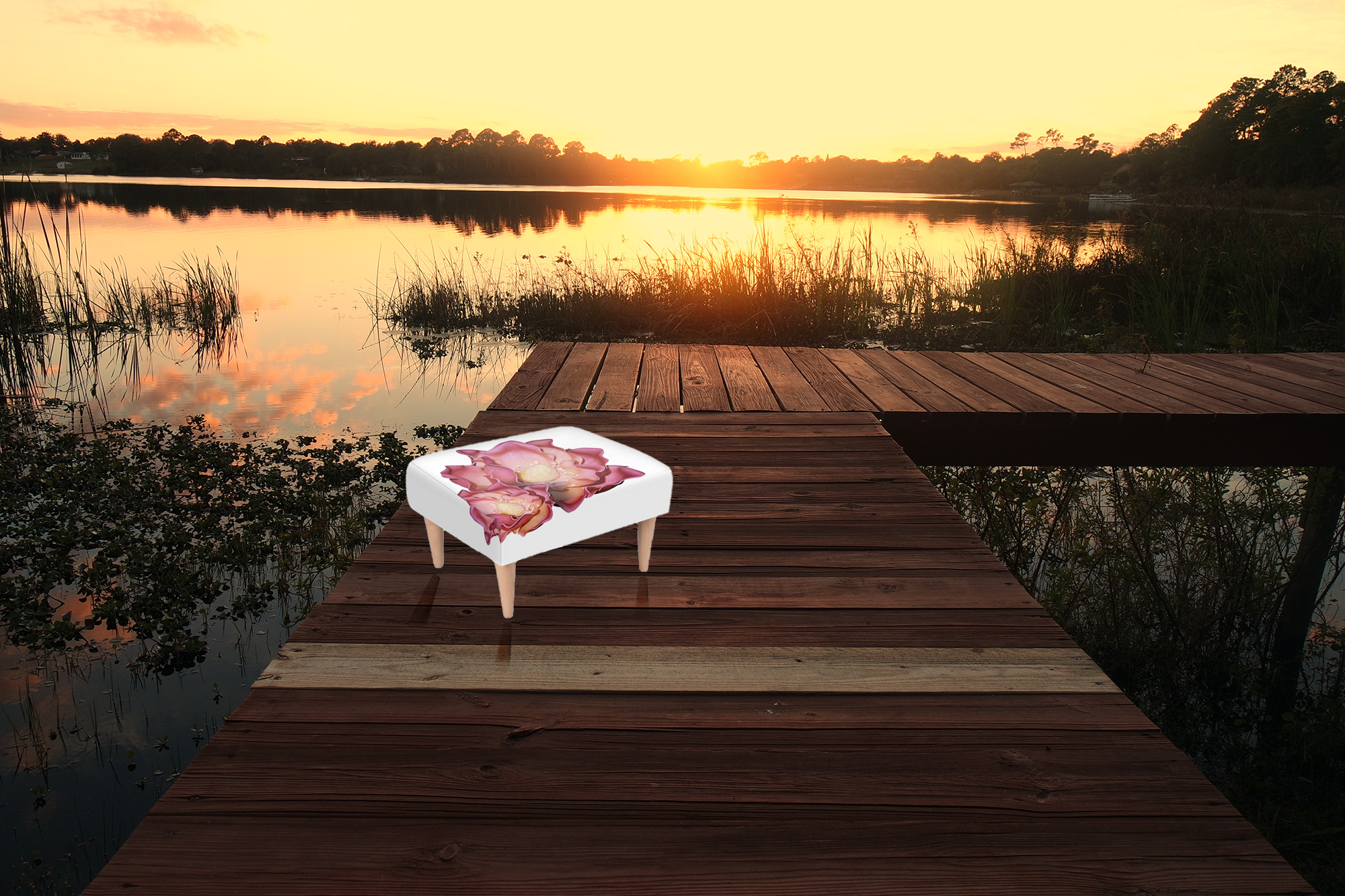 Rouge Ruffle Flowers Footstool on dock