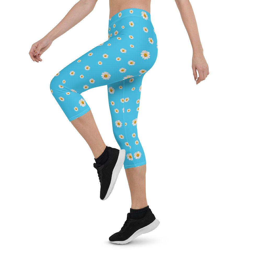 Thumbnail: Daisy Chain Blue Capri Leggings, women's flower power leggings