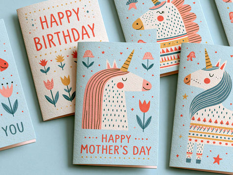 Pastel unicorn greeting cards with licensed art on a blue background, including Happy Birthday, Happy Mother’s Day, and Thank You.