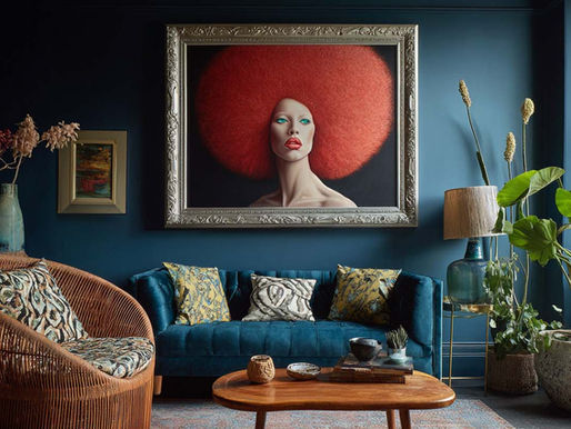 Cozy living room with blue walls, featuring a large unique niche portrait of a woman with a red afro. Velvet sofa, patterned cushions, and lush plants.