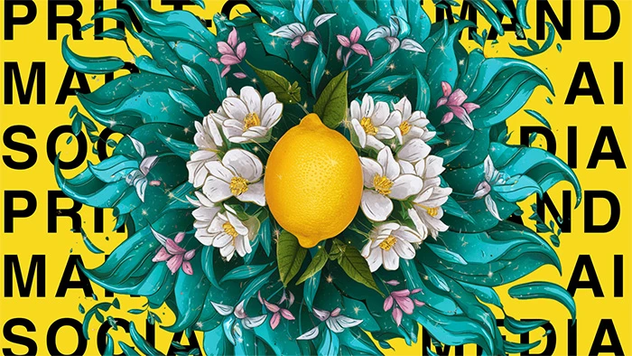 a lemon and floral illustration with the words print-on-demand, AI, and social media behind it. Graphic for "Sell Your First Piece of Art Online with Print-on-Demand (Self-Lead Course)" for The Yellow Studio.