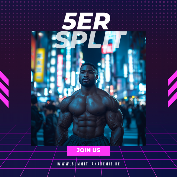 Ein muskulöser Bodybuilder im klassischen Physique-Stil steht selbstbewusst mitten auf der belebten Shibuya-Kreuzung in Tokio. Er trägt moderne Trainingskleidung, sein Körper ist definiert und von Adern durchzogen. Umgeben von Passanten und Neonlichtern strahlt die Szene eine cineastische, urbane Intensität aus. Er präsentiert den 5er split