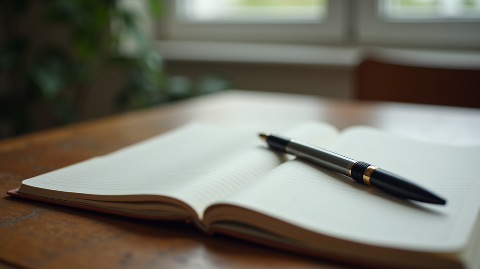Close-up view of a journal and pen on a wooden table