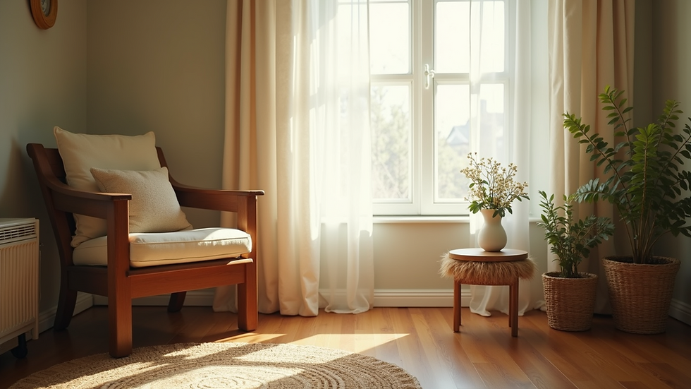 Eye-level view of a peaceful room with a cozy chair and soft lighting