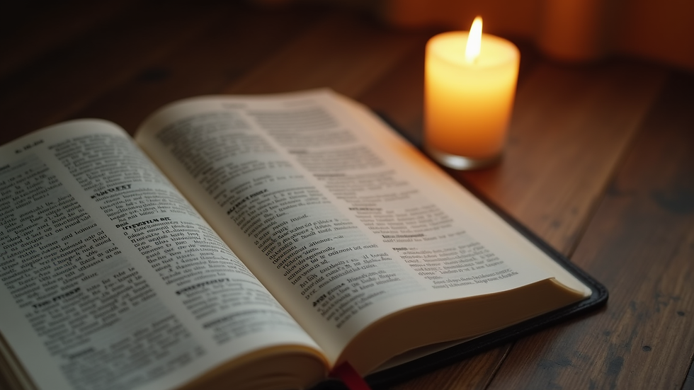 Close-up view of an open Bible with a highlighted verse and a lit candle beside it