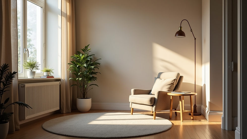 Eye-level view of a cozy coaching space with a comfortable chair and soft lighting