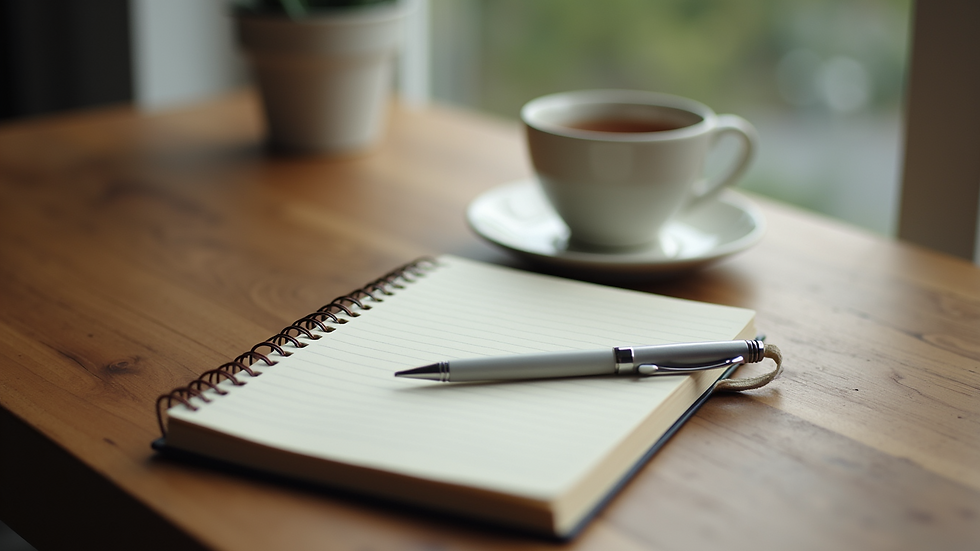 High angle view of a notebook, pen, and a cup of tea on a wooden table