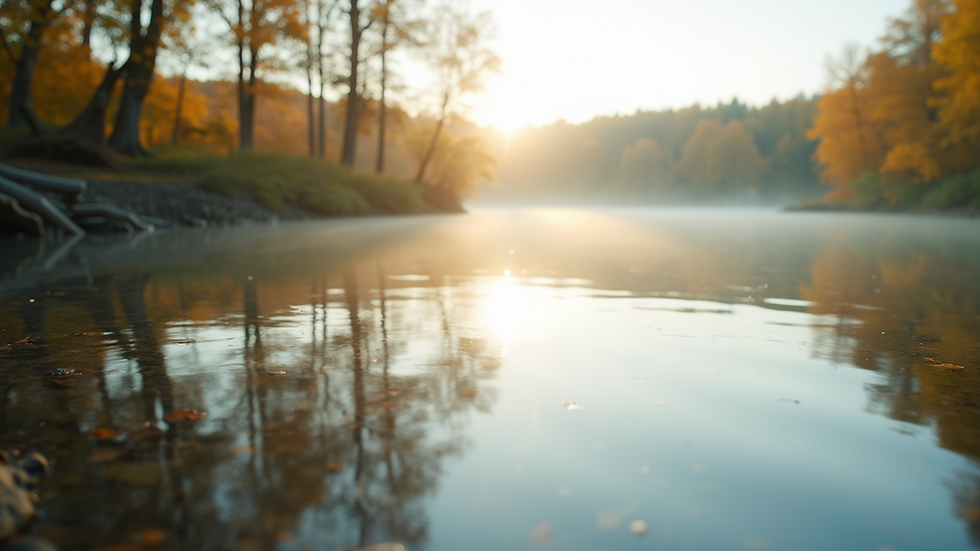 Eye-level view of a serene lakeside with soft morning light